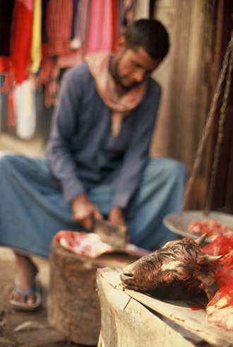 Photo of goat head and butcher in Kashmir, India by Ron Veto /></div>
<p style=